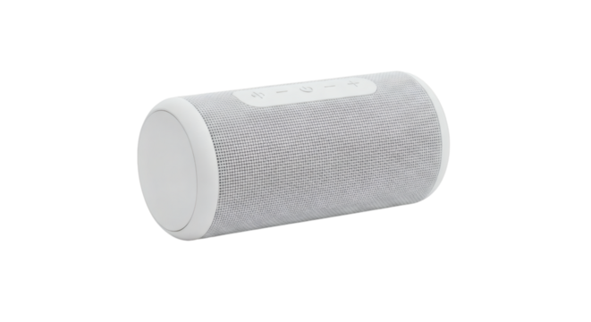Minimalist White Speaker Floating Against Black Backdrop