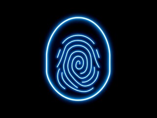 Futuristic biometric authentication concept featuring a glowing blue neon fingerprint scanner icon isolated on a black background for digital security