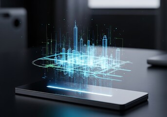 Holographic city model projected on a smartphone screen.