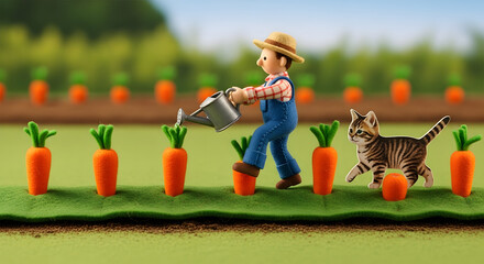 A charming miniature scene of a toy farmer tending to his carrot crop, joined by a curious tabby cat, all crafted with a whimsical and playful aesthetic for an enchanting visual story