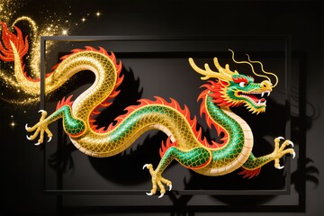 Fototapeta premium A surreal Chinese New Year dragon with glowing golden scales dances on a frame, its vibrant emerald and crimson scales overflowing beyond the borders in sparkling trails