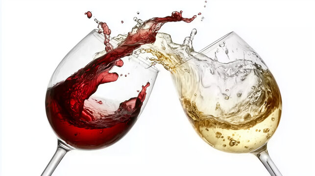 Clinking wine glasses with splashing red and white wine on pure white background, toast celebration close-up for beverage advertising or social event design