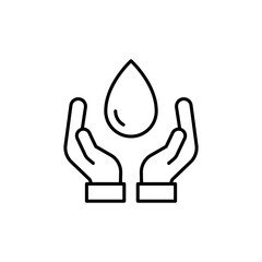 Save water icon. Simple outline style. Hand with water drop, shower, nature, environment, care, purification, ecology concept. Thin line symbol. Vector isolated design