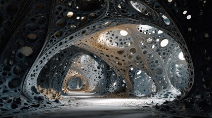 Intricate, surreal tunnel with organic architecture