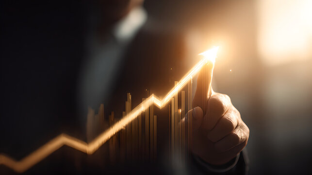A businessman's hand points to a glowing digital arrow rising from a futuristic cityscape, representing a path of growth and success