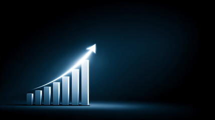 A glowing blue bar chart rises toward a bright upward arrow against a dark background.