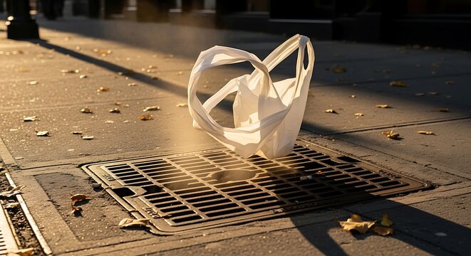 Abandoned plastic shopping bag resting on city street, environmental issue