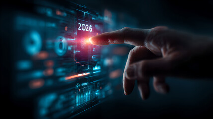 A businessman's hand touches '2026' on a holographic screen with a rising blue financial graph.