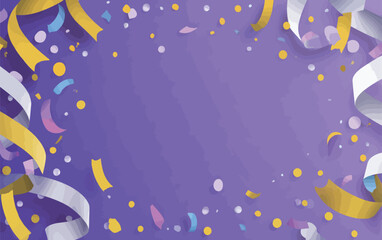 A vibrant background featuring purple hues adorned with colorful confetti, streamers, and geometric shapes, perfect for celebrations and joyous events.