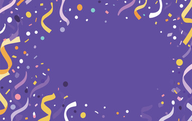 A vibrant background featuring purple hues adorned with colorful confetti, streamers, and geometric shapes, perfect for celebrations and joyous events.
