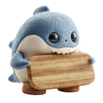 A cute fluffy blue shark character holding a textured wooden sign cartoon