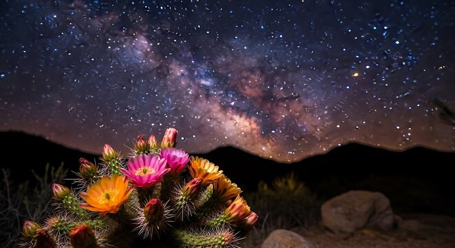 Cactus blooms glow beneath celestial skies, illuminated by starlight