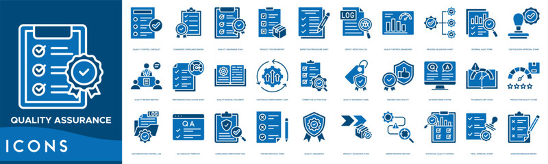 Quality Assurance icon set. Quality Control Checklist, Standards Compliance Badge, Quality Assurance Plan, Product Testing Report, Inspection Procedure Sheet and Defect Detection Log
