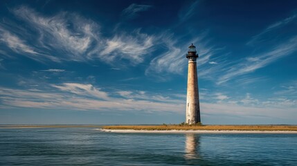Fototapeta premium Majestic Lighthouse Standing Tall Against Vibrant Blue Sky and Water