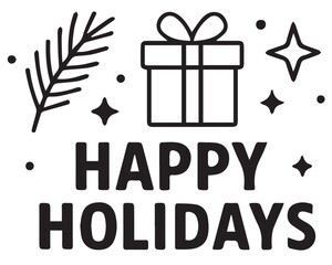 Vector detailed artwork showing Happy Holiday celebration theme, illustrated in minimalistic black and white harmony, accentuated with clean black outline for clarity.
