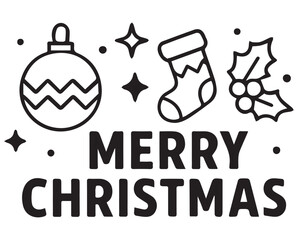 Vector detailed artwork showing Merry Christmas celebration theme, designed in minimalistic black and white harmony, accentuated with clean black outline for decorative elegance.