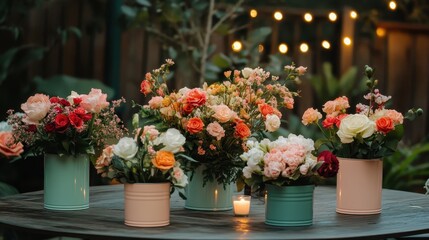 Beautiful Flower Arrangements in Colorful Buckets on Garden Table
