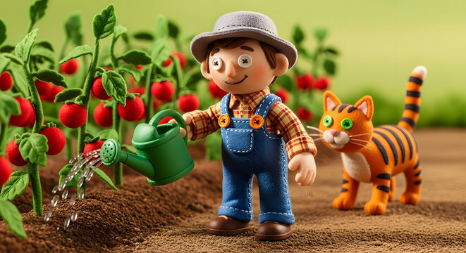 A charming stop-motion animation scene showcasing a farmer tending to his tomato plants while his feline companion attentively watches under the warm daylight ambiance depicting agricultural hobby
