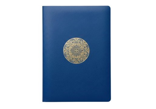 Elegant Blue Notebook with Decorative Glitter Pattern and Gold Emblem