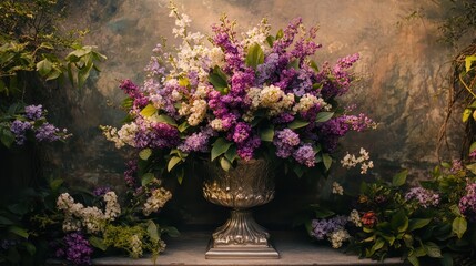 Beautiful Lilac Arrangement in Ornate Silver Vase with Floral Background