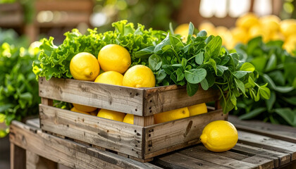 Fresh Lemons and Vegetables: A rustic wooden crate overflowing with bright yellow lemons and vibrant green vegetables creates a lively, fresh food display