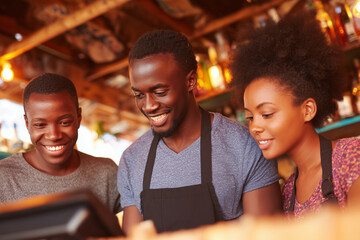Smiling baristas working together at counter in coffee shop