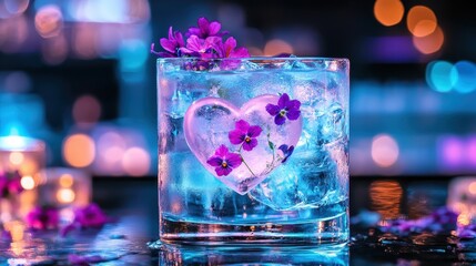 Heart-Shaped Ice Cube in a Glass with Purple Flowers and Bokeh Lights
