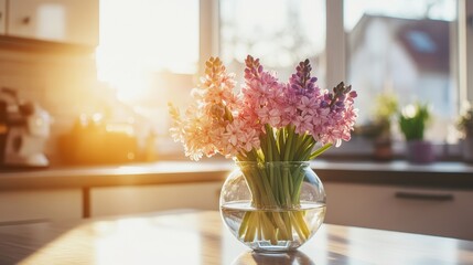 Beautiful Pink Hyacinth Flowers in Glass Vase with Morning Sunlight