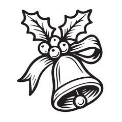 Vector detail elegant of a Christmas ornament bell, illustrated in black and white, highlighted with bold black outline presenting festive decorative charm.
