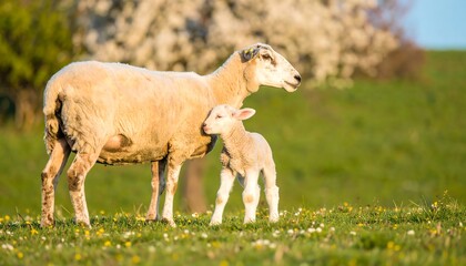 Obraz premium Mother sheep and lamb in springtime meadow