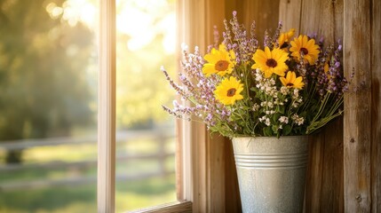 Beautiful Sunflower and Lavender Arrangement in Rustic Setting