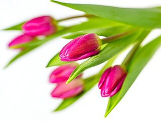 Fototapeta premium Pink tulip buds with vibrant green leaves create a fresh, natural spring composition