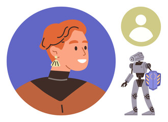 Human profile with unique earring, robot with shield, user avatar symbol. Ideal for technology, AI, robotics, identity, innovation digital collaboration futuristic vision. Clean simple flat