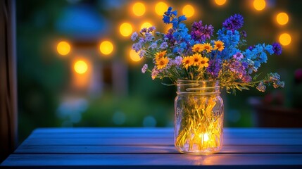 Beautiful Wildflower Bouquet in Glass Jar with Warm Bokeh Lights