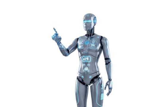 Futuristic Android Robot Gesturing with Digital Features and Interactive Technology