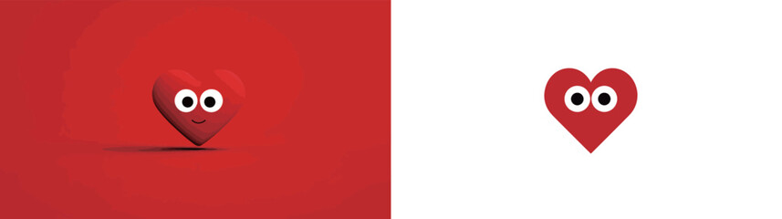 Fototapeta premium A cheerful heart character with big eyes stands on a bright red background, while a simpler heart icon appears on a white background, showcasing different artistic styles.