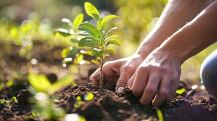 Fototapeta premium A person's hands planting a young tree in a garden, with a blurred background of greenery and sunlight.
