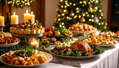 A lavish Christmas buffet with various international dishes and twinkling fairy lights in the background. christmas decoration