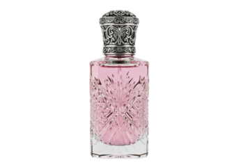 Elegant Pink Perfume Bottle with Decorative Silver Cap on Transparent Background