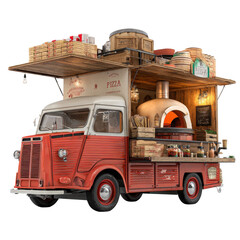 Vintage red and white food truck with wood fired pizza oven fully stocked with ingredients
