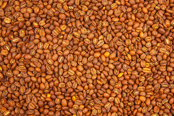Roasted coffee beans spread out on a surface, showcasing rich color and texture