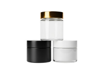 Three Cosmetic Jars in Black, White and Clear Glass with Gold Cap on Transparent Background
