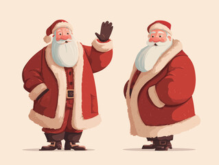 Two playful renditions of Santa Claus show him waving and standing with hands in pockets. He wears a classic red suit with fluffy white trim, showcasing a jolly expression and iconic beard.