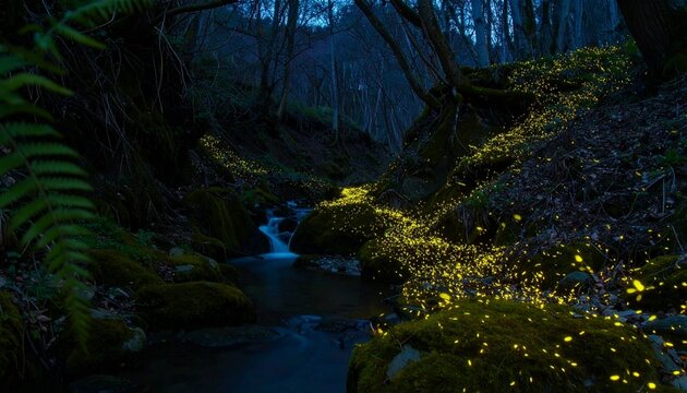 Glowing fireflies illuminating a magical dark forest stream at twilight with a small waterfall. - Powered by Adobe