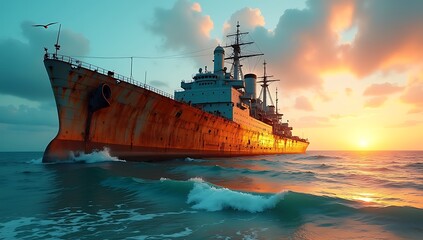 Fototapeta premium A silent battleship wreck half-submerged in the ocean, rusted hull glowing under golden sunset light. 