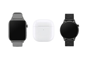Smartwatch and Wireless Earbuds on Transparent Background Featuring Two Watch Designs