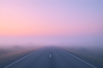 Atmospheric photo of a lonely road stretching into a foggy pastel dawn sky, minimalist composition with soft diffused light and dreamy colors.