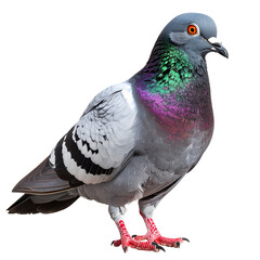 Pigeon's Portrait Isolated On White Background: A detailed, high-definition study of a pigeon, captured with sharp focus and vivid colors that showcase its unique feather patterns and features.