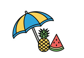 Tropical Fruits Under a Colorful Beach Umbrella on Transparent Background