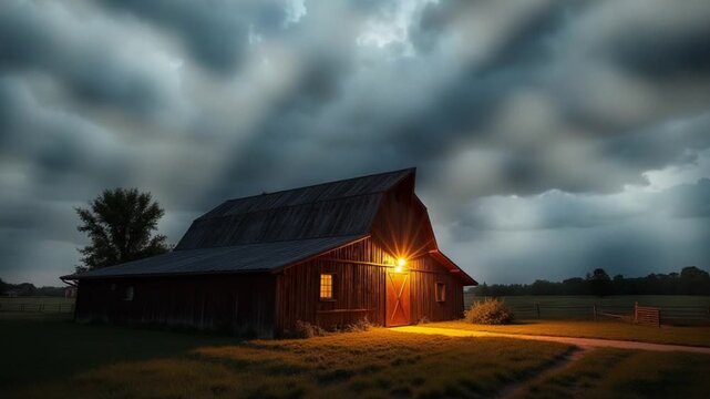 Rustic barn under dramatic lighting in a remote countryside setting